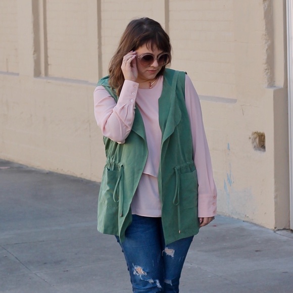 Army Green Drape Front Hooded Vest - Picture 1 of 7